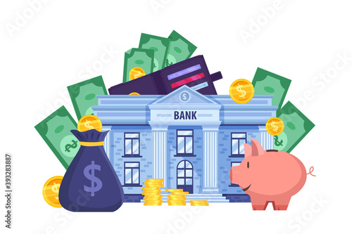 Personal budget financial vector concept with wallet, piggy bank, building, coins, dollar bills. Capital investment or money saving cartoon illustration. Financial clipart with blue bank facade