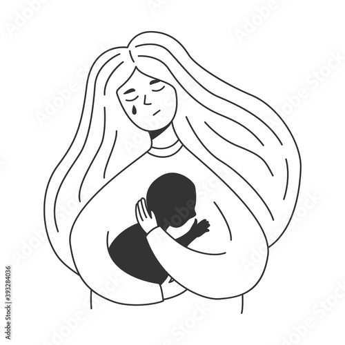 Young sad woman hugs baby shadow and cry. Mother holding her imaginary child. Pregnancy loss, abortion, Miscarriage, Infertility vector concept. Black and white simple art