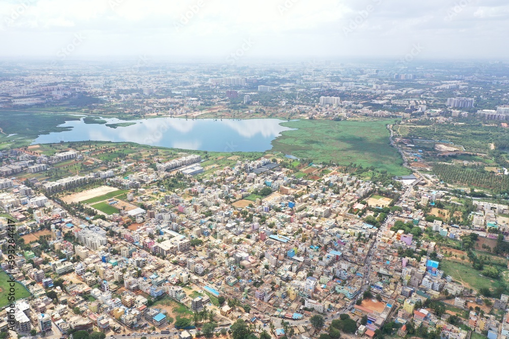 Aerial lake view of the buildings