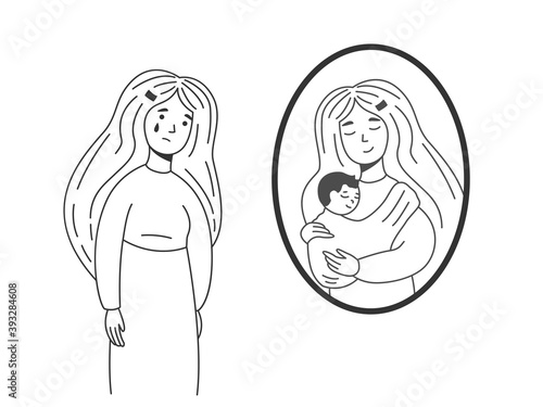 Young woman looks in the mirror and see herself with imaginary baby and cry. Pregnancy loss, abortion, Miscarriage, Infertility vector concept. Black and white simple art