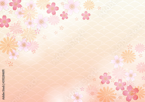 Japanese style かわいい和風の桜 オレンジ色の背景素材