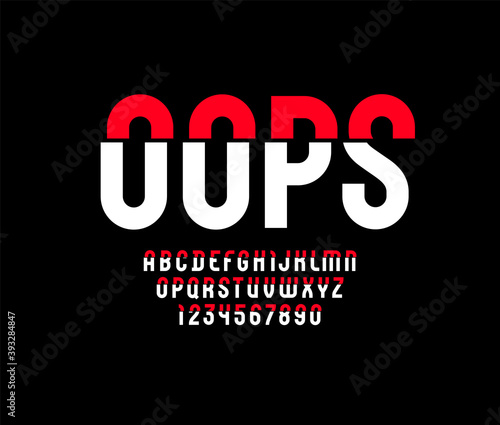 Damaged modern font, trendy distorted alphabet, cut letters and numbers, vector illustration 10eps