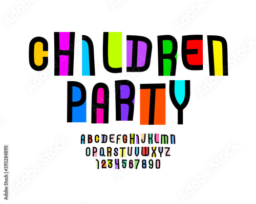 Playful colored font, modern children alphabet, trendy italic letters and numbers, vector illustration 10EPS