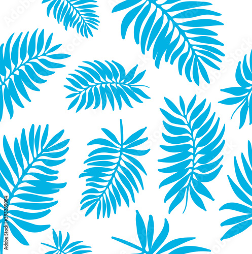 Seamless pattern with palm leaves on a white background. Vector background of tropical leaves. Vector illustration in flat style for decorating children's room, Wallpaper, wrapping paper and fabric.