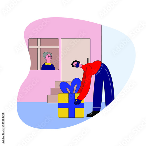 vector illustration - giving gifts during a pandemic.Delivery of gifts for Christmas to the elderly. Relationship at a distance.Character in gloves and a mask puts a gift on the threshold of the home