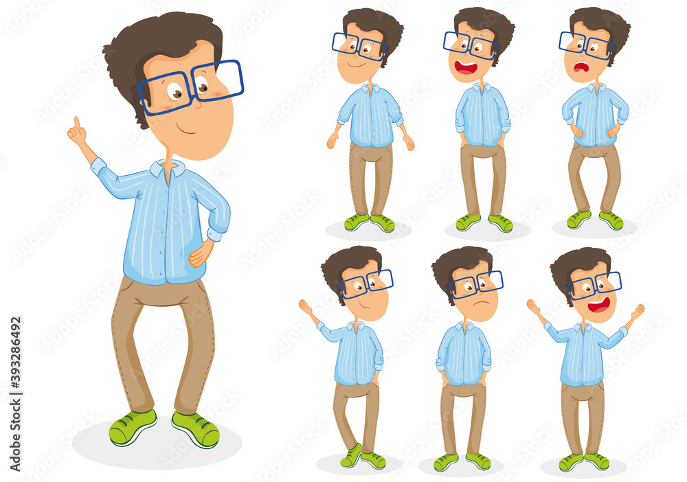 Man wearing blue glasses set with different positions vector illustration isolated Man wearing blue glasses set with different positions vector illustration isolated