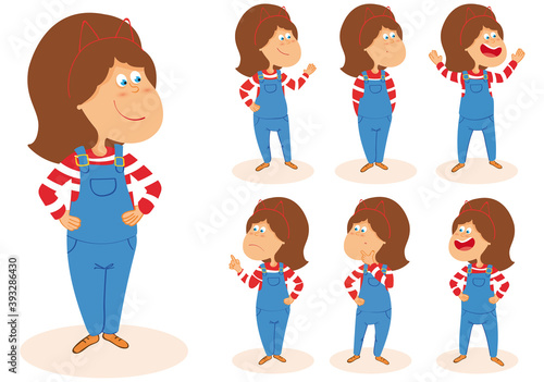 Little girl in overalls with headband set with different positions vector illustration isolated