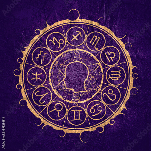 Mystical geometry symbol. Linear alchemy, occult, philosophical sign. Astrology and religion concept. Outline silhouette of human head. Zodiac circle