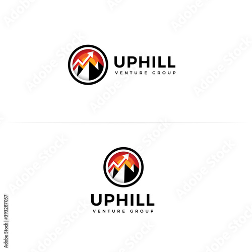 Venture group, flat cartoon style vector logo concept. Uphill in round frame with mountail and up arrow, isolated icon on white background. Mountain climbing for business and startup