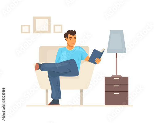 Stay home on quarantine. People sitting at their home room or apartment. Young man sitting in cozy living room in an armchair and reading book. Self isolation concept vector