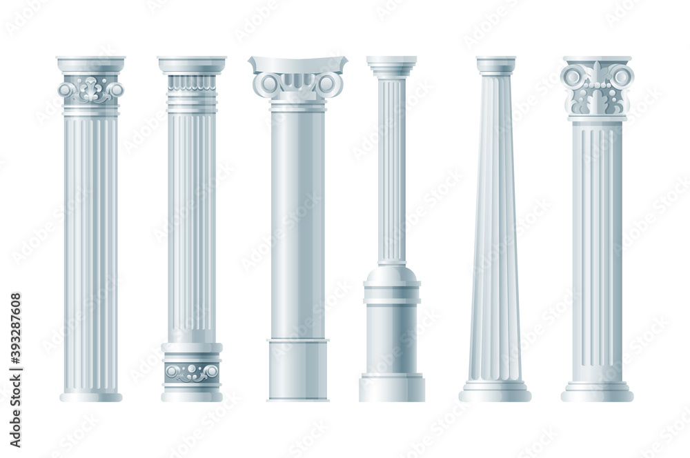 Realistic antique pillars set. Antique column, classic pillar. Ancient ornate pillars historic roman greek architecture facades of historic buildings isolated vector Realistic antique pillars set. Antique column, classic pillar. Ancient ornate pillars historic roman greek architecture facades of historic buildings isolated vector