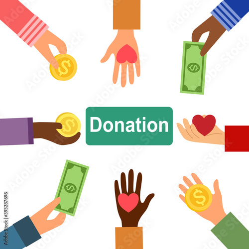 Hand giving coins, banknotes and heart in flat design. Money donation concept vector illustration on white background. Time for charity. Kindness to poverty.	
