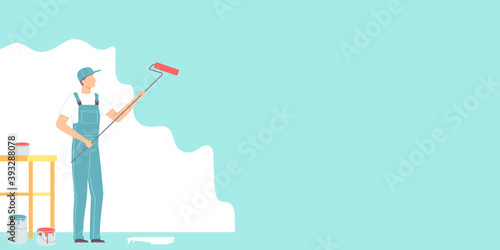 Worker in uniform paints the wall with a roller. Man making house or home apartment interior renovation. Cartoon flat man builder character. Vector illustration.