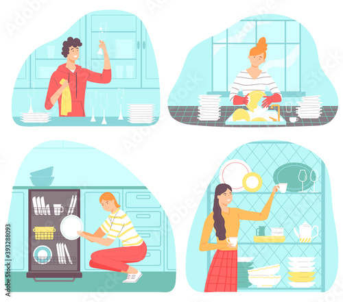 Collection of scenes with people doing housework. Set of men and women washing dishes, wipe the dishes, arrange the mugs. Flat illustration for banners, posters, postcard . Cartoon style