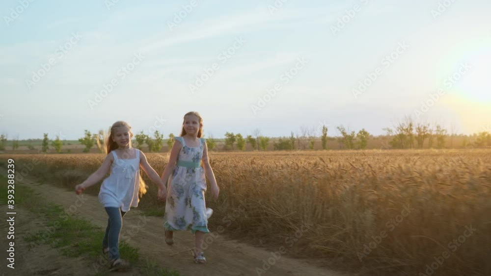 cheerful vacation, happy girls with blond long hair jumping while walking holding hands in wheat field on the background of sunset cheerful vacation, happy girls with blond long hair jumping while walking holding hands in wheat field on the background of sunset