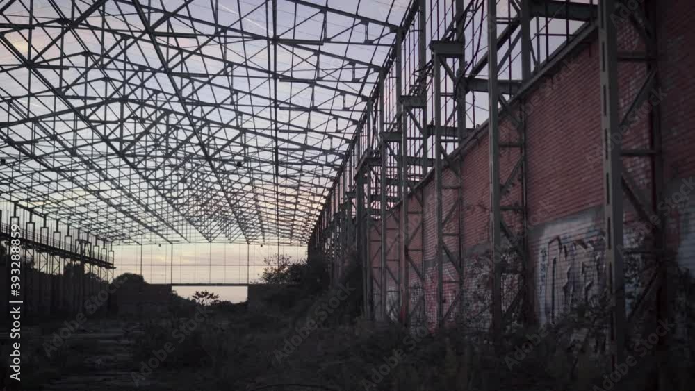 Abandoned warehouse - walking inside near wild vegetation and murals at sunset Abandoned warehouse - walking inside near wild vegetation and murals at sunset