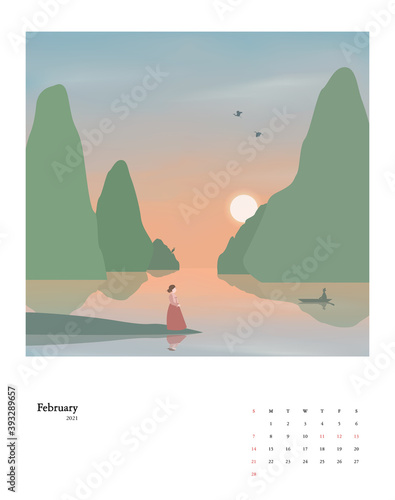 2021 New Year Calendar Set 02 : woman and ferryboat