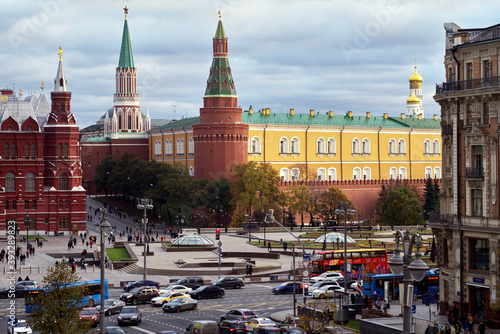 Moscow, Russia - November 1, 2020: Moscow Red Square with State Historical Museum and Kremlin. View of Tverskaya, Mokhovaya and Okhotny Ryad streets. photo