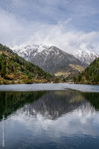Snow mountains and tranquil lake