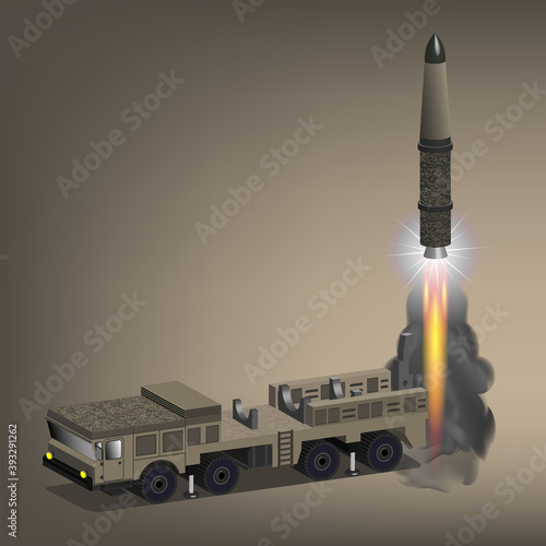 3d. Launch of a combat missile from a self-propelled off-road four-axle chassis. Fiery exhaust jet and smoke. EPS10