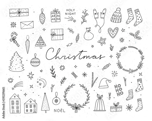 Christmas doodles isolated on white background. Cute hand drawn winter elements: Christmas tree, decorative wreaths, sweets, gifts