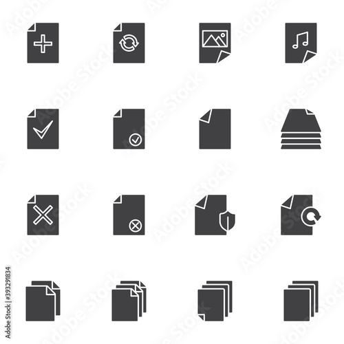 Document files vector icons set, modern solid symbol collection, filled style pictogram pack. Signs, logo illustration. Set includes icons as add file, media gallery, music folder, protection shield