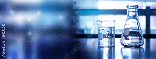 flask and beaker in medical health science line of technology banner background