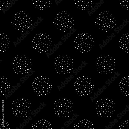 Chaotic Polka Dots Seamless Pattern. Vector painted background from small rounds. Abstract white and black pattern for fabric print, paper card, table cloth, fashion.