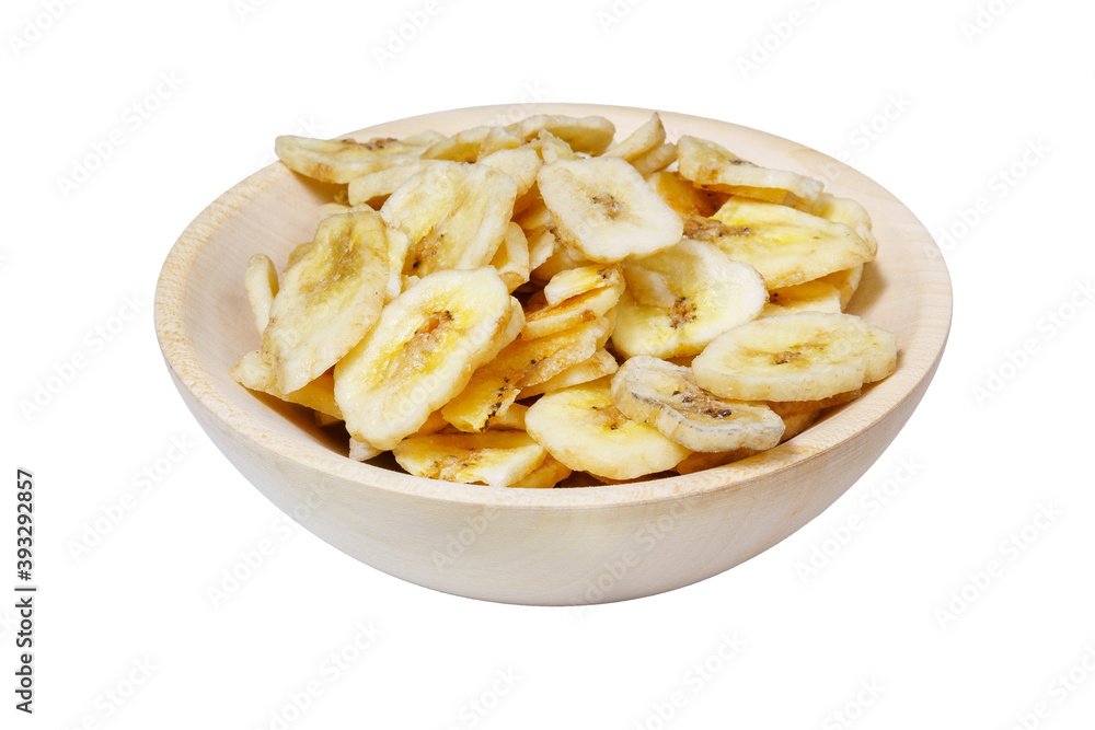 Banana chips are dried crispy slices of bananas isolated on a white background Banana chips are dried crispy slices of bananas isolated on a white background