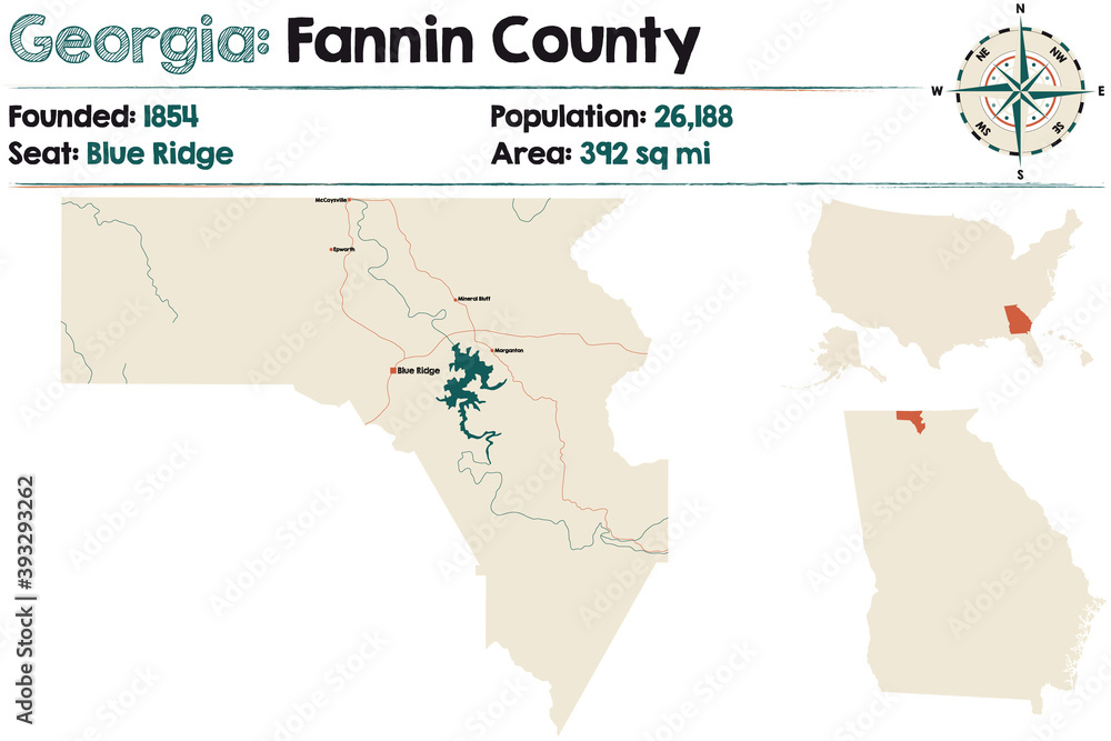 Large and detailed map of Fannin county in Georgia, USA.
