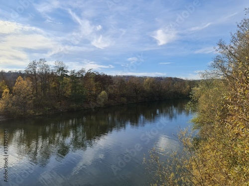 autumn panorama with river and trees near Esslingen, Germany
