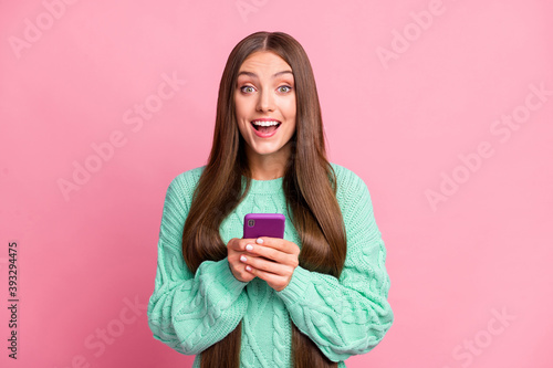 Photo of astonished attractive lady open mouth funny comment isolated on pastel pink color background