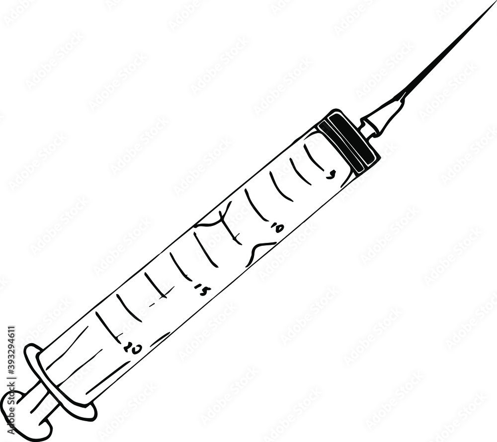 Syringe for injection. Drawing of a plastic syringe. Syringe for injection. Drawing of a plastic syringe.