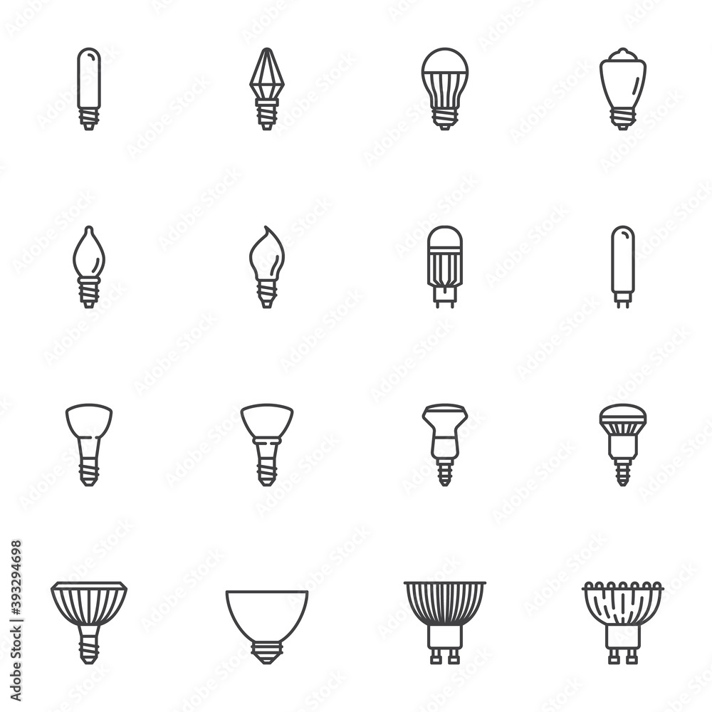 Shapes of light bulbs line icons set, electric lighting types outline vector symbol collection, linear style pictogram pack. Signs, logo illustration. Set includes icons as led lamp, mirror reflector Shapes of light bulbs line icons set, electric lighting types outline vector symbol collection, linear style pictogram pack. Signs, logo illustration. Set includes icons as led lamp, mirror reflector