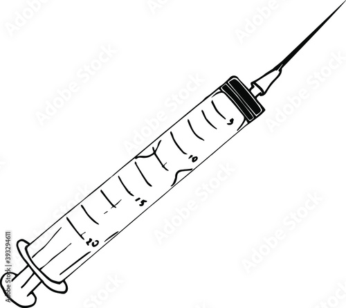Syringe for injection. Drawing of a plastic syringe.