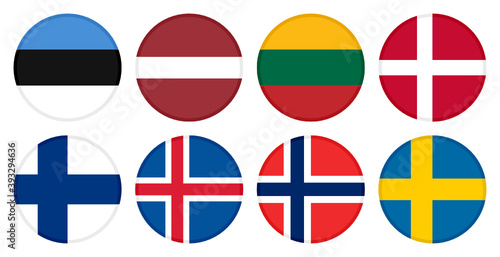 northern europe flags. set of round icons flags. estonia, latvia, lithuania, denmark, finland, iceland, norway and sweden flags. isolated on white background