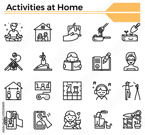 Activities at home icon set.