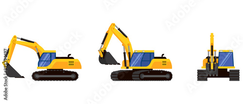 Excavator in different angles. Special machinery in cartoon style.