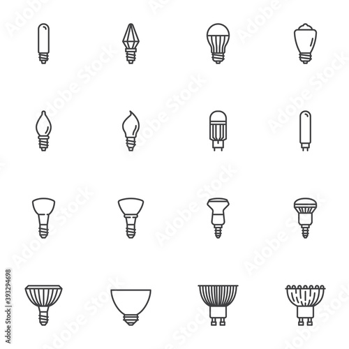 Shapes of light bulbs line icons set, electric lighting types outline vector symbol collection, linear style pictogram pack. Signs, logo illustration. Set includes icons as led lamp, mirror reflector