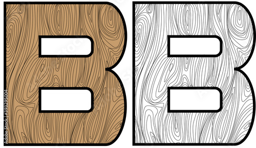 Wooden alphabet letter B color and black and white