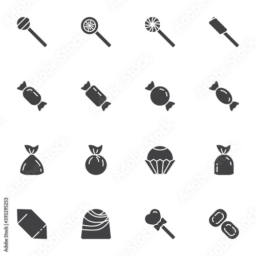 Sweets vector icons set, modern solid symbol collection, filled style pictogram pack. Signs, logo illustration. Set includes icons as candy and lollipop, chocolate, bonbon caramel