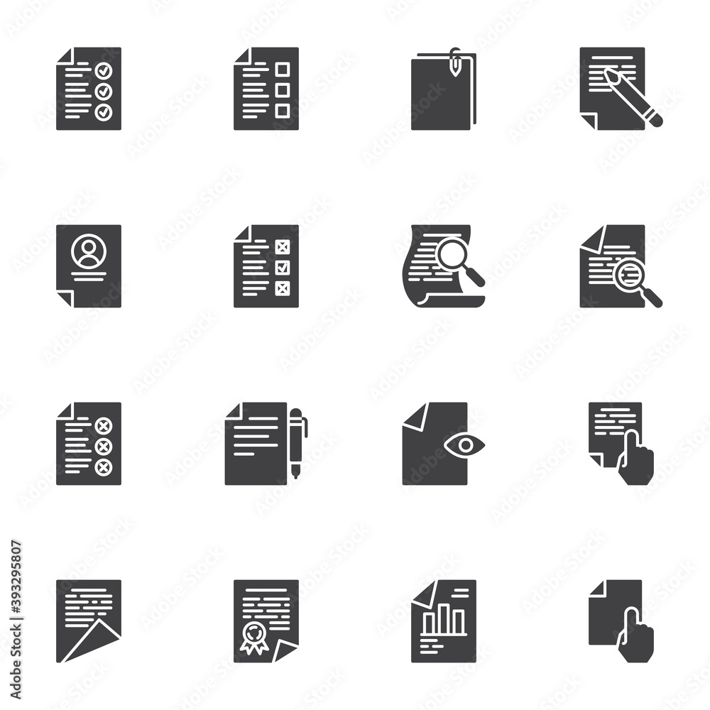 Document list vector icons set modern solid symbol collection, filled style pictogram pack. Signs logo illustration. Set includes icons as checklist with check mark, business graph report, certificate