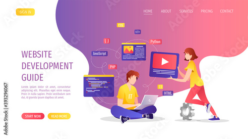 People working on the website development and design. Web agency, website builder,  programmer concept. Vector illustration for banner, presentation, advertising, poster.
