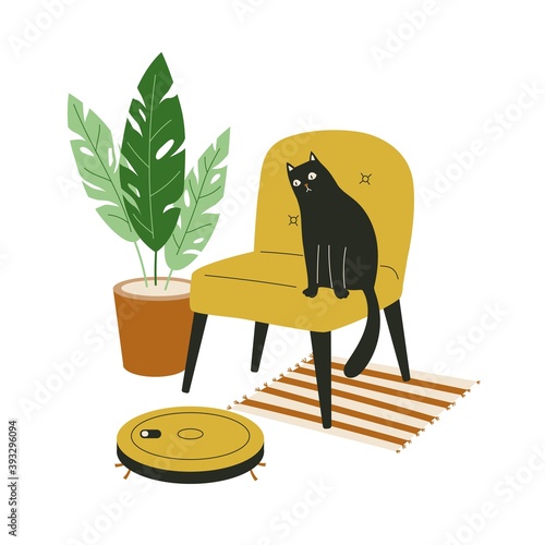 Cat is afraid of the robot vacuum cleaner. Vector cartoon flat  illustration. Cozy room with armchair, plant and carpet