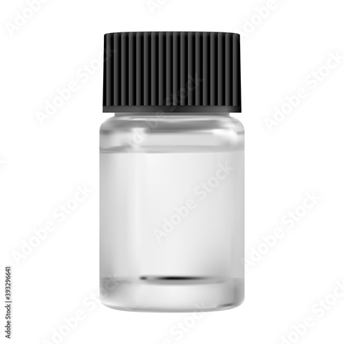 Glass medicine bottle. Small essential oil vial mockup. Clear medical container for serum with black lid. Liquid omega fat jar. Glossy flacon for pharmacy cyrup. Realistic supplement tablet mock up