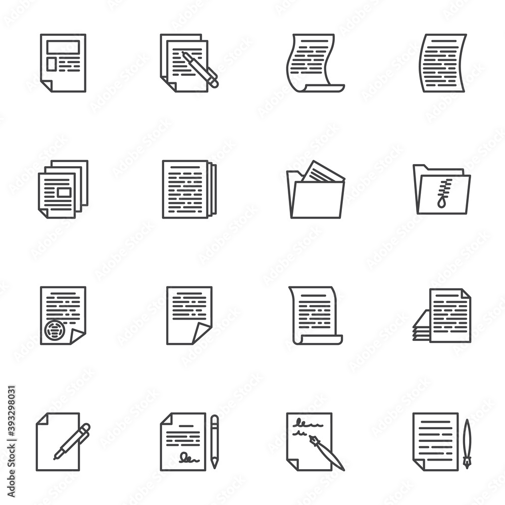 Business document line icons set, outline vector symbol collection, linear style pictogram pack. Signs, logo illustration. Set includes icons as agreement contract, document file, portfolio folder Business document line icons set, outline vector symbol collection, linear style pictogram pack. Signs, logo illustration. Set includes icons as agreement contract, document file, portfolio folder