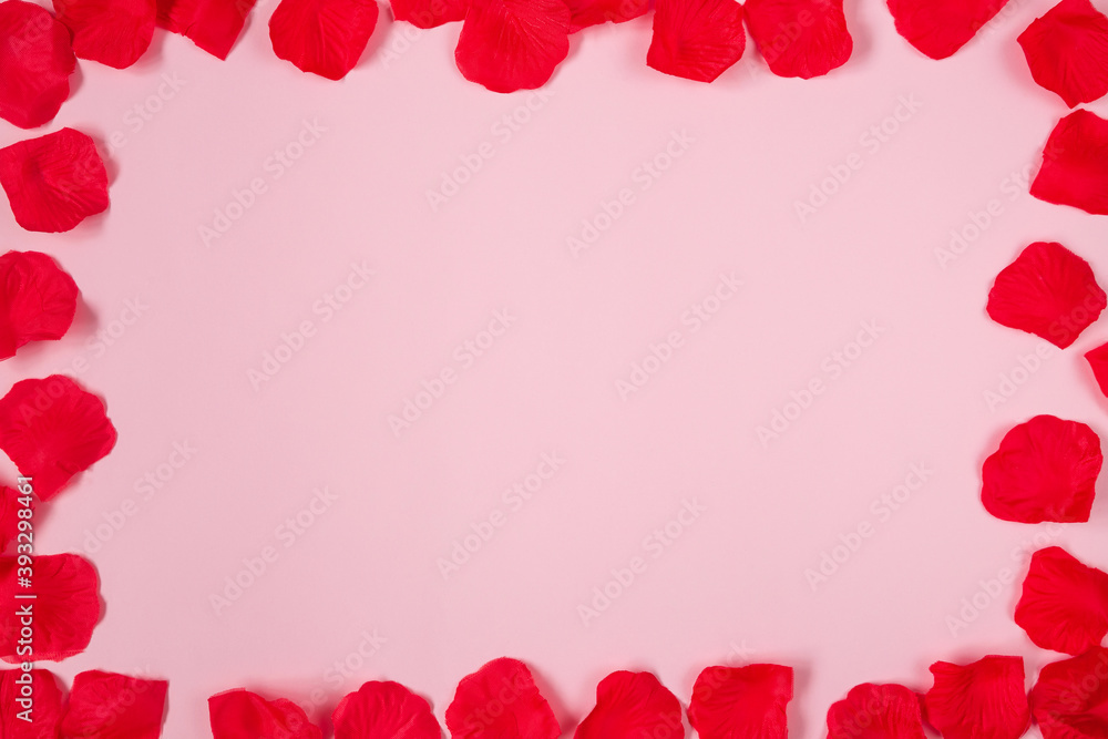 Valentines frame with rose petals, flat lay. Birthday, Mothers day, Valentines day background with copy space