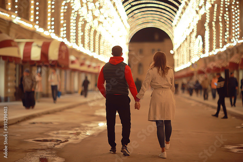 Photography couple in love in moscow night winter, young family evening in winter moscow, au
