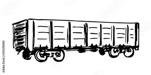 Simple hand-drawn vector drawing in black outline. Railway carriage isolated on white background. Logistics, transportation, delivery of industrial cargo. Ink sketch.