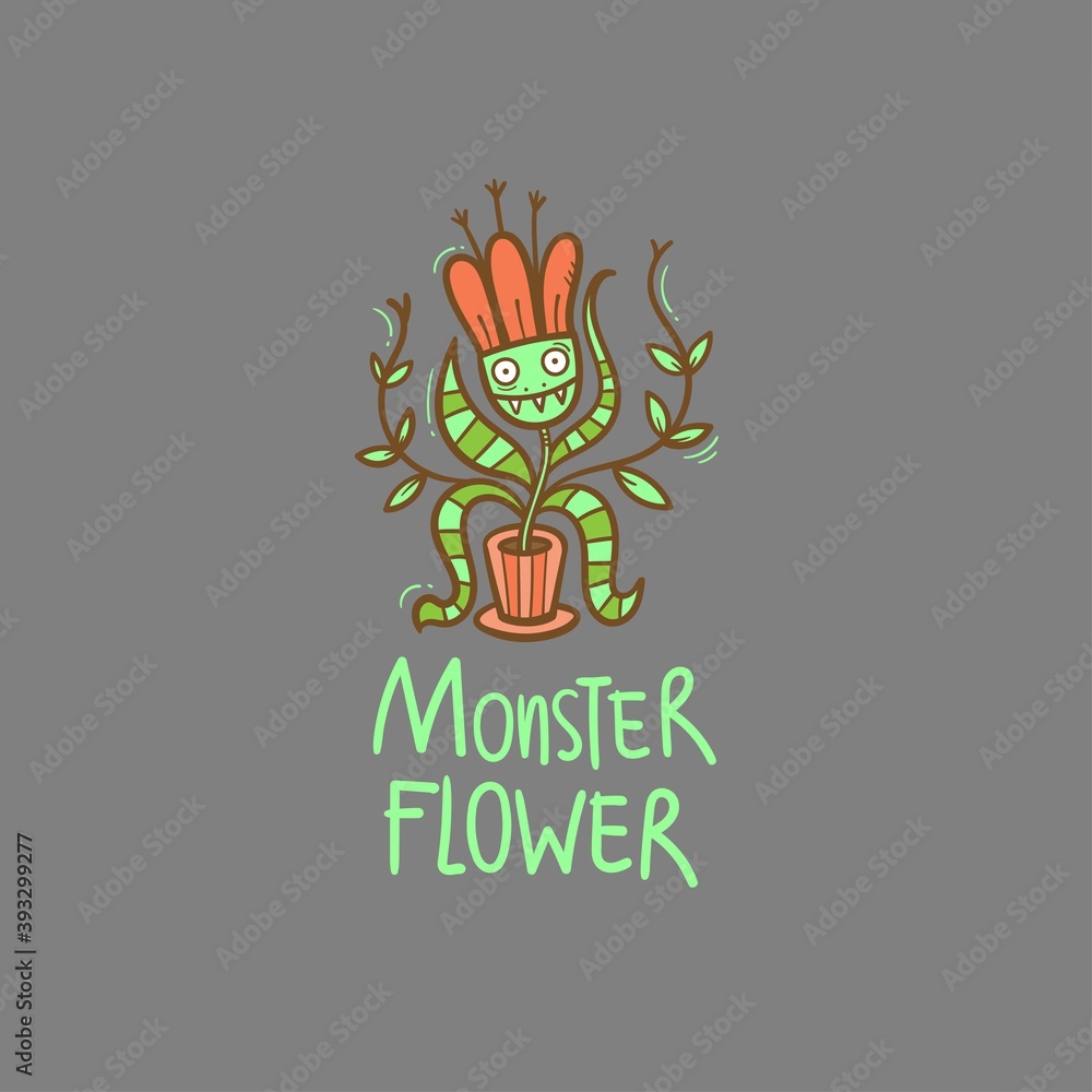 Naklejka premium Card with Venus flytrap. Comic drawing of predatory flower. Vector doodle image. Monster plant print.